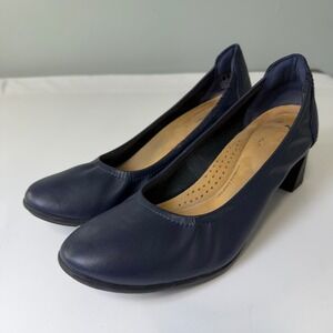 Clarks Collection Navy Blue Leather Block Heel Pumps Ultimate Comfort 8.5M
